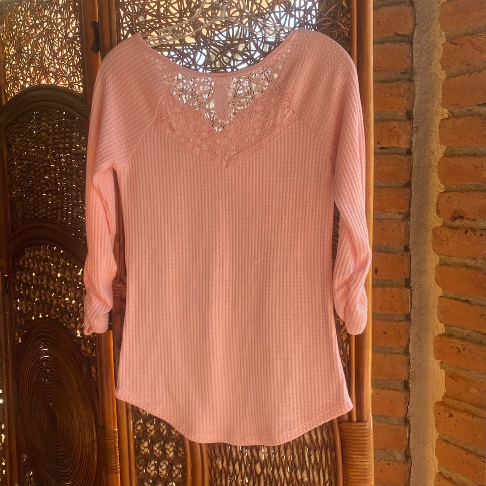 No Boundaries Pink Women Long Sleeve Waffle Top
